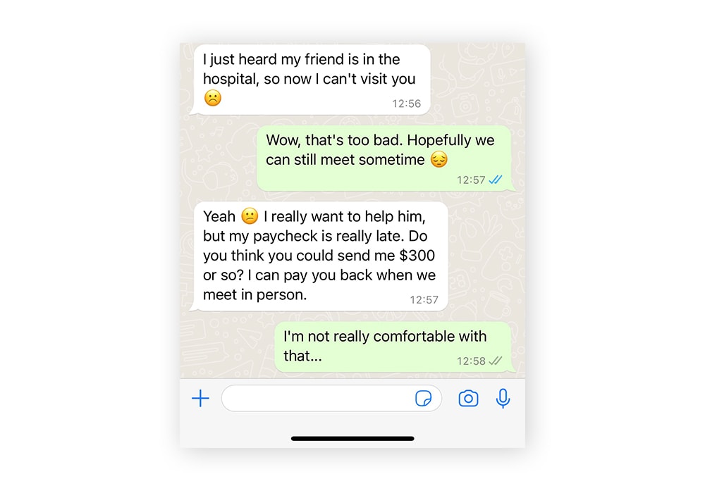 An example of a catfishing romance scam on WhatsApp.